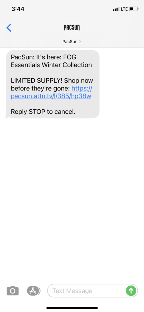 PacSun Text Message Marketing Example - 01.15.2021