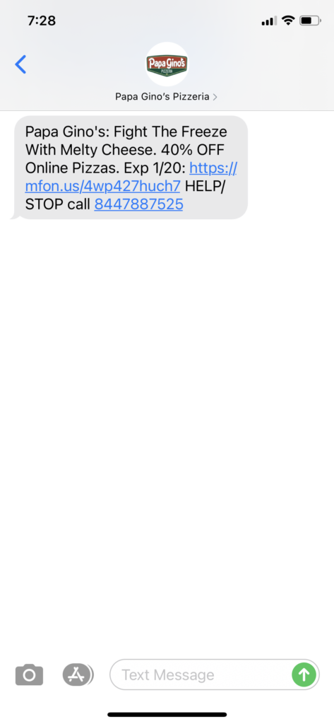 Papa Gino's Text Message Marketing Example - 01.18.2021