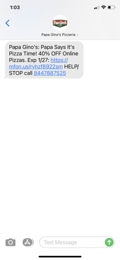 Papa Gino's Text Message Marketing Example - 01.26.2021