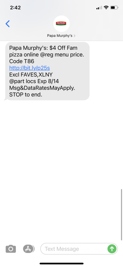 Papa Murphy's Text Message Marketing Example - 08.13.2020
