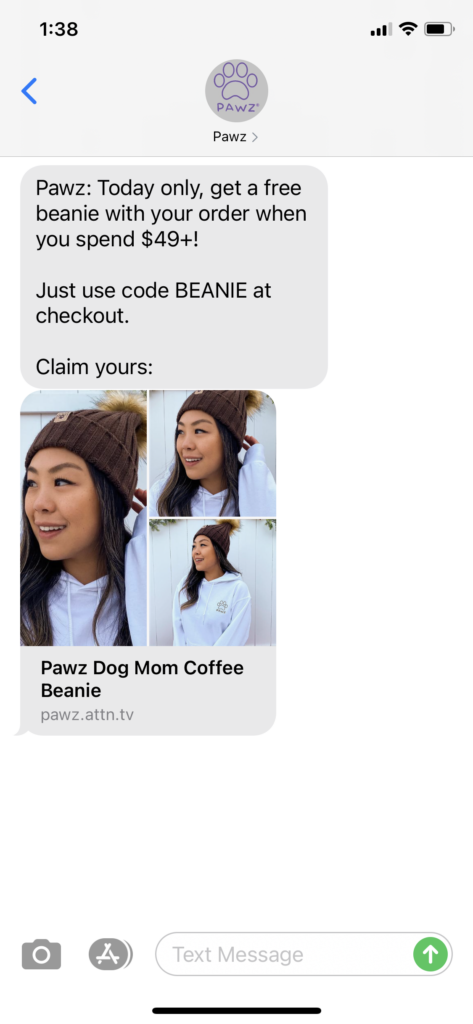 Pawz Text Message Marketing Example - 01.12.2021