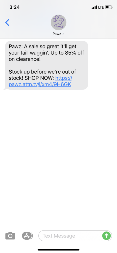 Pawz Text Message Marketing Example - 01.17.2021