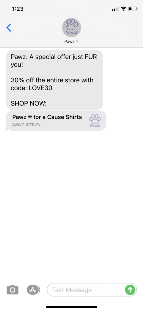 Pawz Text Message Marketing Example - 01.25.2021