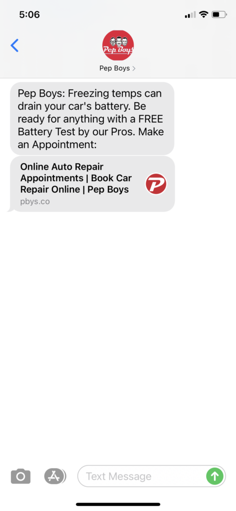 Pep Boys Text Message Marketing Example - 01.08.2021