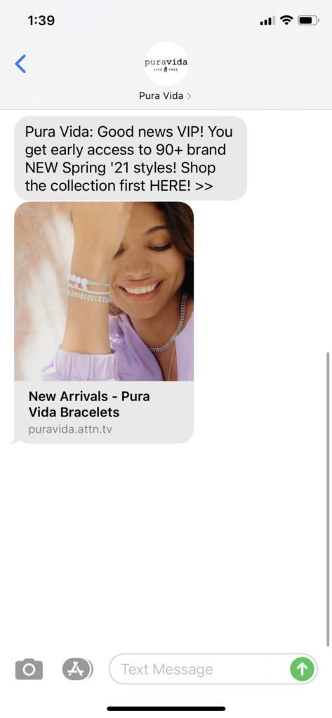 Pura Vida Text Message Marketing Example - 01.12.2021