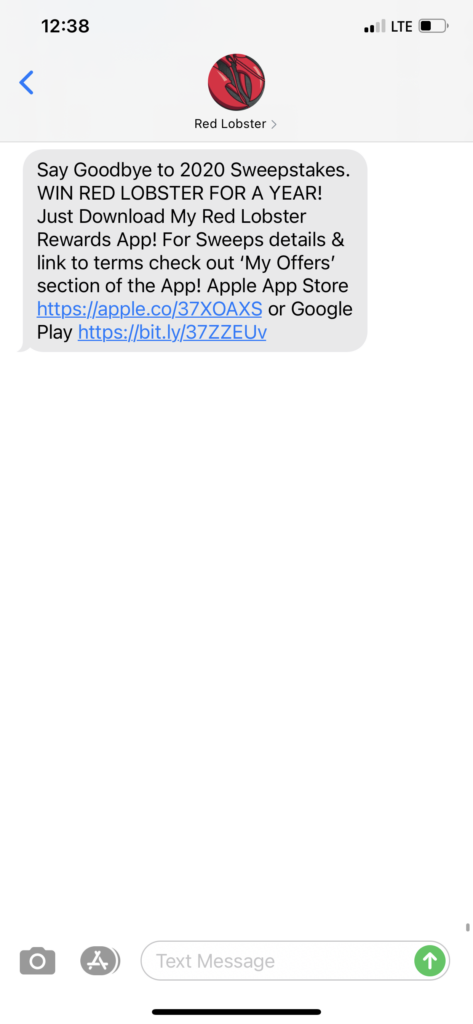 Red Lobster Text Message Marketing Example - 12.30.2020