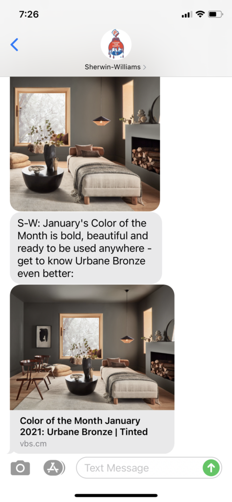 Sherwin Williams Text Message Marketing Example - 01.18.2021