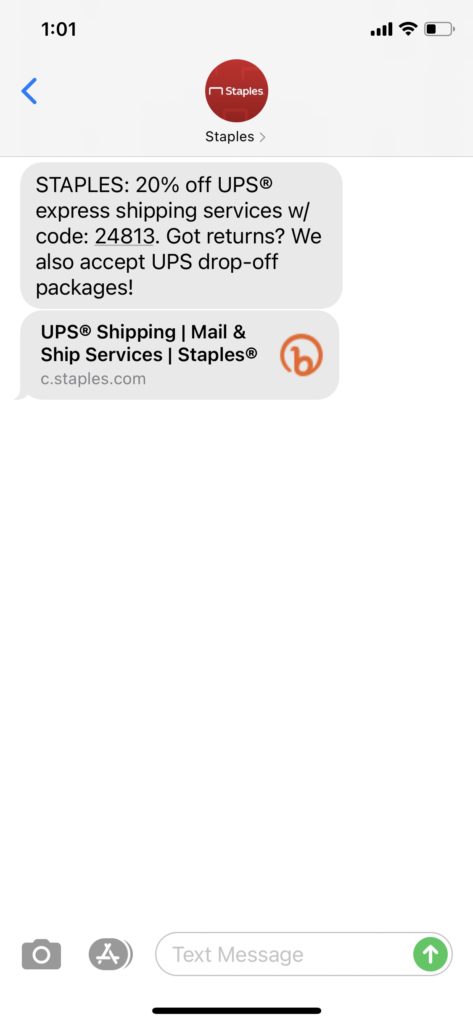 Staples Text Message Marketing Example - 01.26.2021