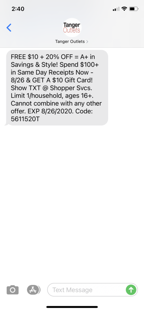 Tanger Outlets Text Message Marketing Example - 08.13.2020