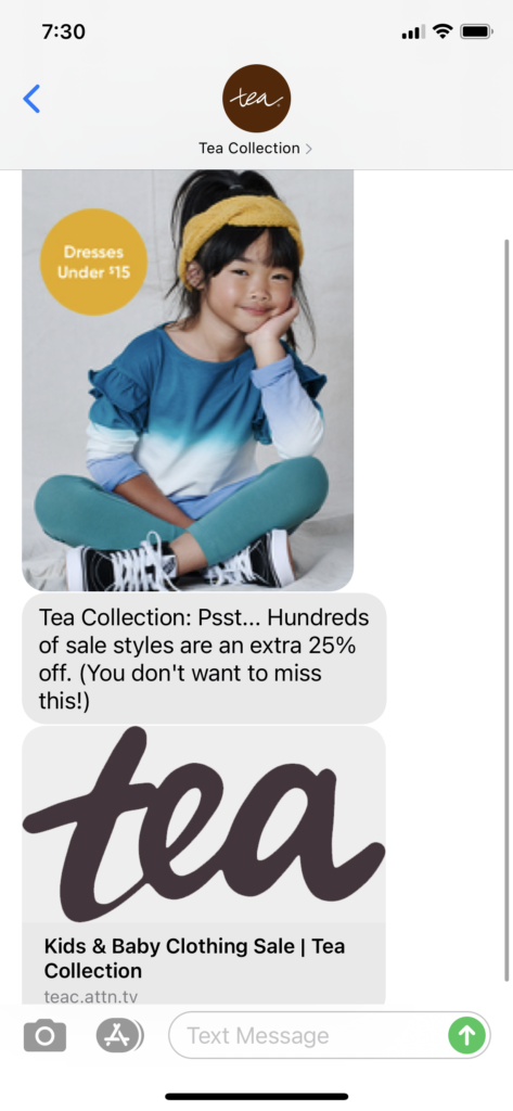 Tea Collection Text Message Marketing Example - 01.30.2021