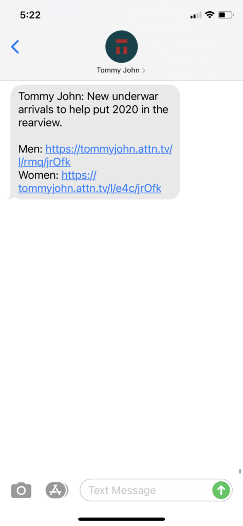 Tommy John Text Message Marketing Example -01.06.2021
