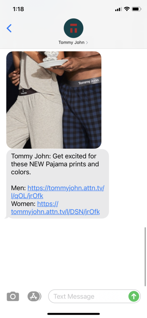 Tommy John Text Message Marketing Example - 01.13.2021