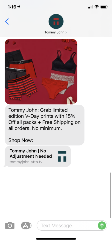 Tommy John Text Message Marketing Example - 01.22.2021