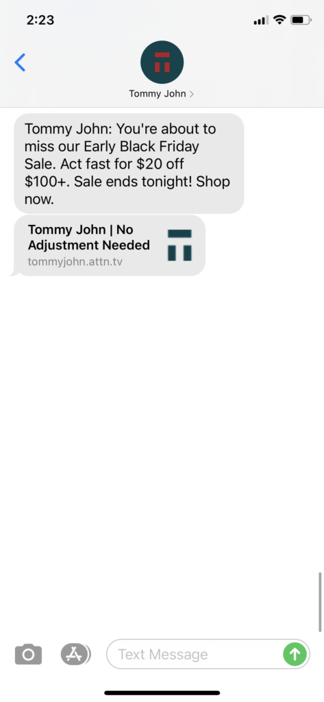 Tommy John Text Message Marketing Example - 11.09.2020