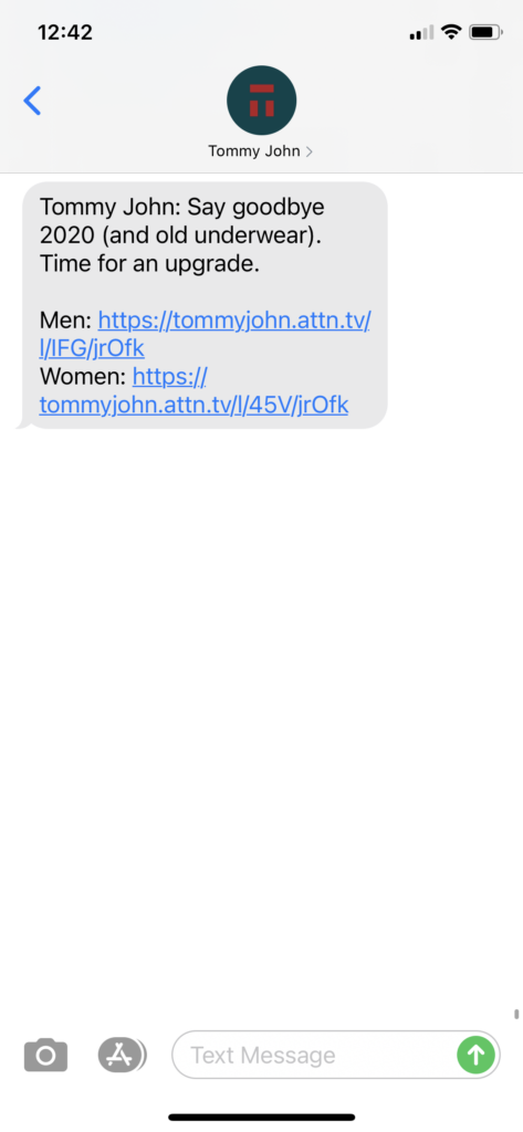 Tommy John Text Message Marketing Example - 12.30.2020