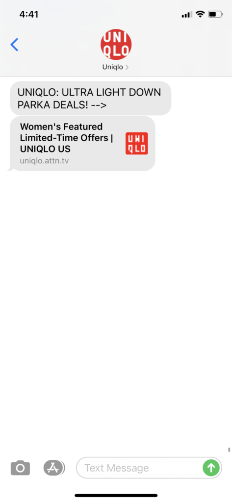 UNIQLO Text Message Marketing Example - 01.10.2021
