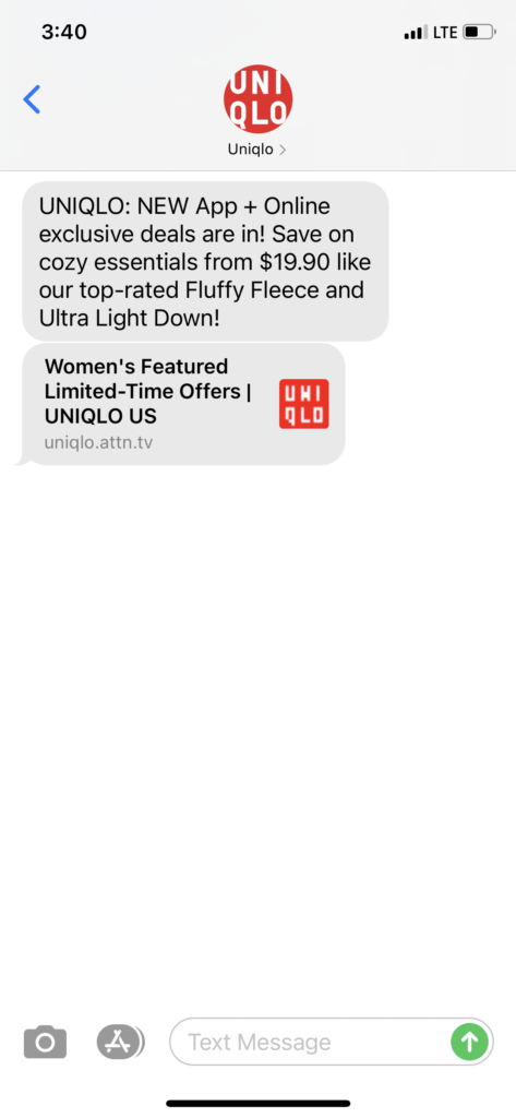 UNIQLO Text Message Marketing Example - 01.15.2021