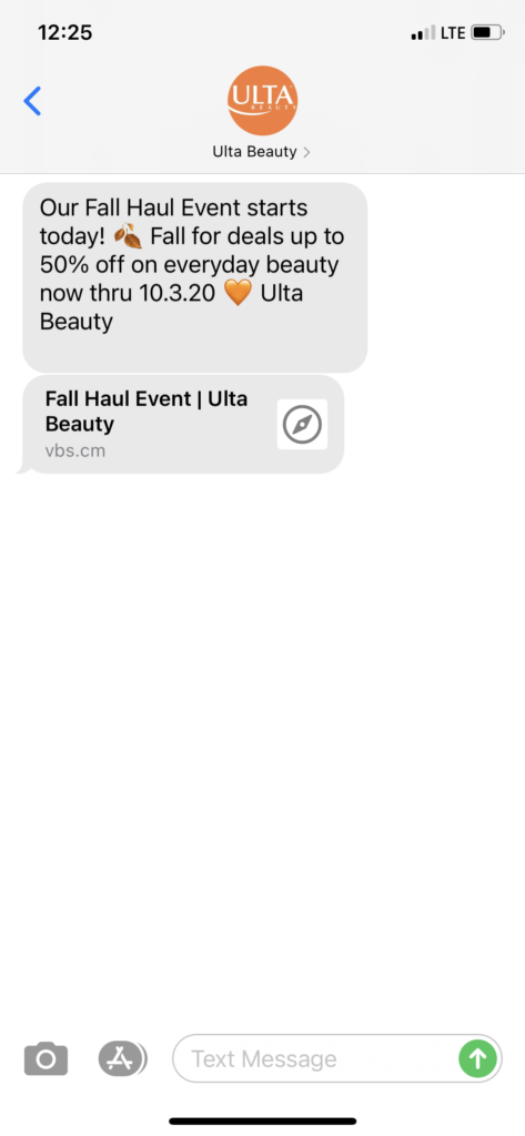 Ulta Beauty Text Message Marketing Example - 09.25.2020