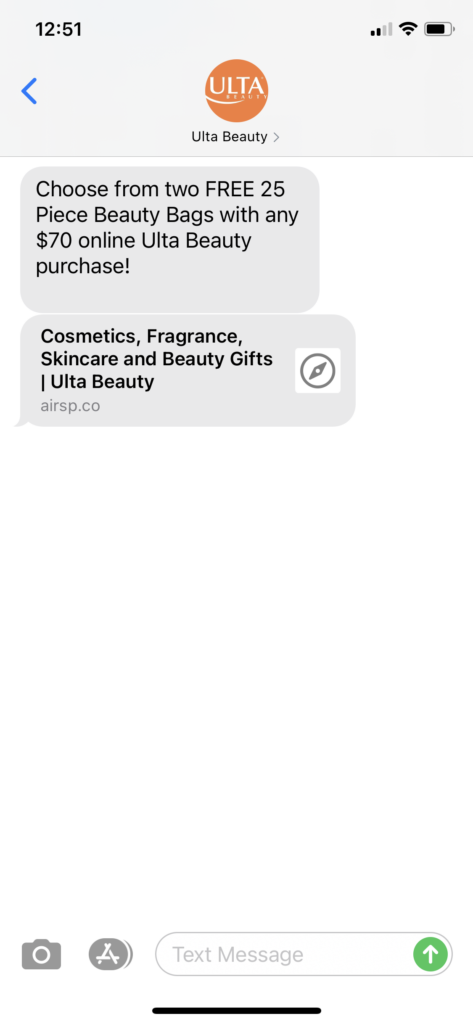 Ulta Beauty Text Message Marketing Example - 12.27.2020