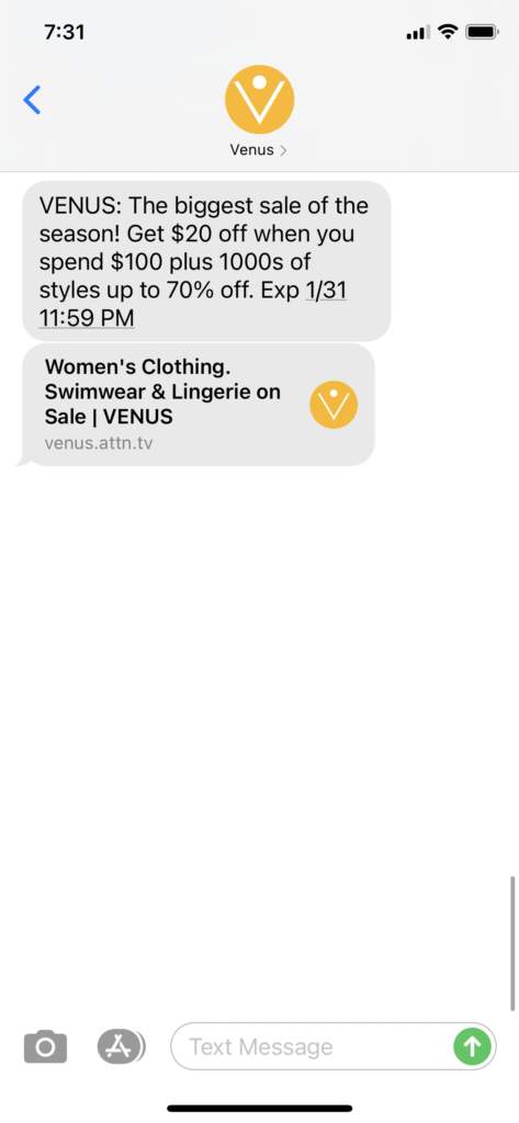 Venus Text Message Marketing Example - 01.30.2021