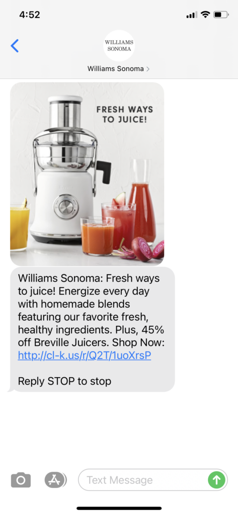 Williams Sonoma Text Message Marketing Example -01.09.2021
