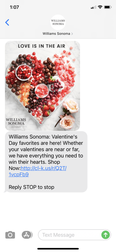 Williams Sonoma Text Message Marketing Example - 01.23.2021