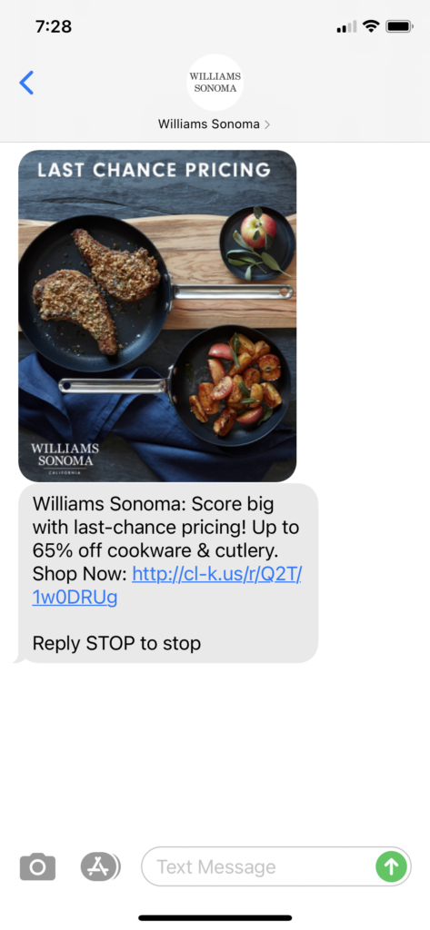 Williams Sonoma Text Message Marketing Example - 01.30.2021