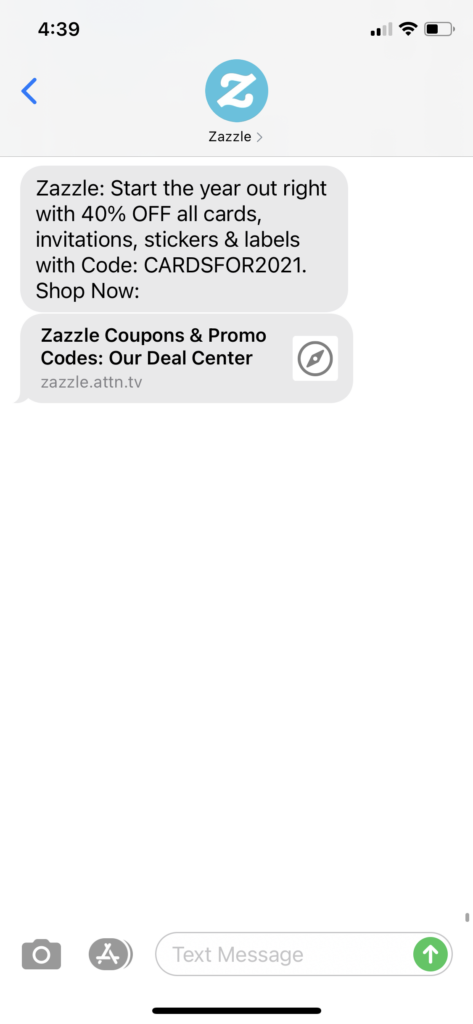 Zazzle Text Message Marketing Example - 01.05.2021