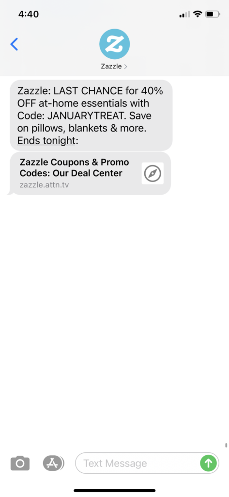 Zazzle Text Message Marketing Example - 01.10.2021