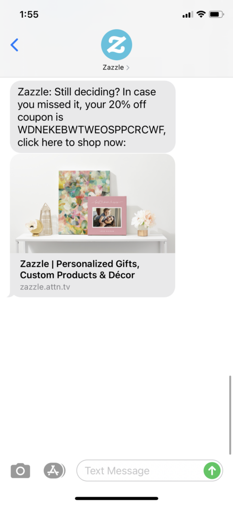 Zazzle Text Message Marketing Example - 12.13.2020