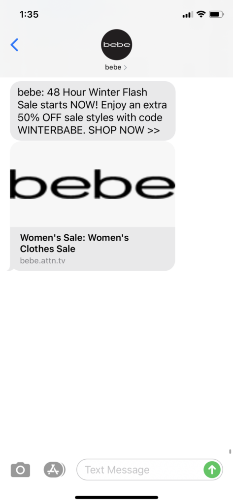 bebe Text Message Marketing Example - 01.12.2021