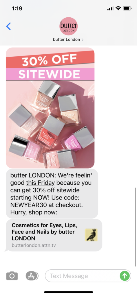 butter London Text Message Marketing Example - 01.22.2021