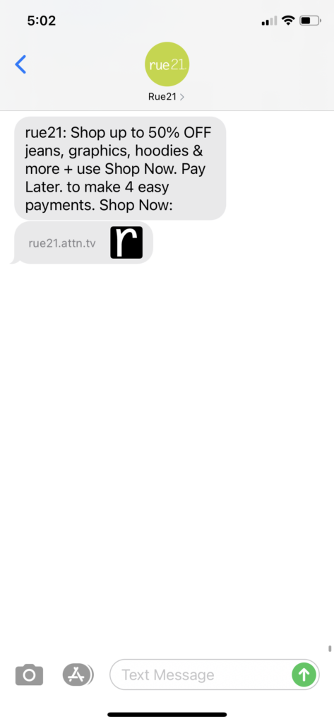 rue21 Text Message Marketing Example - 01.08.2021