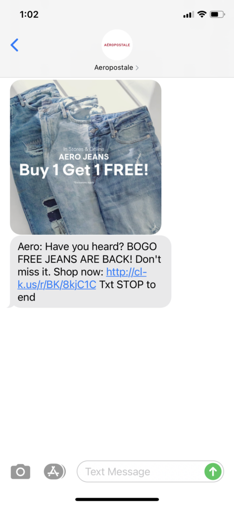 Aeropostale Text Message Marketing Example - 02.01.2021