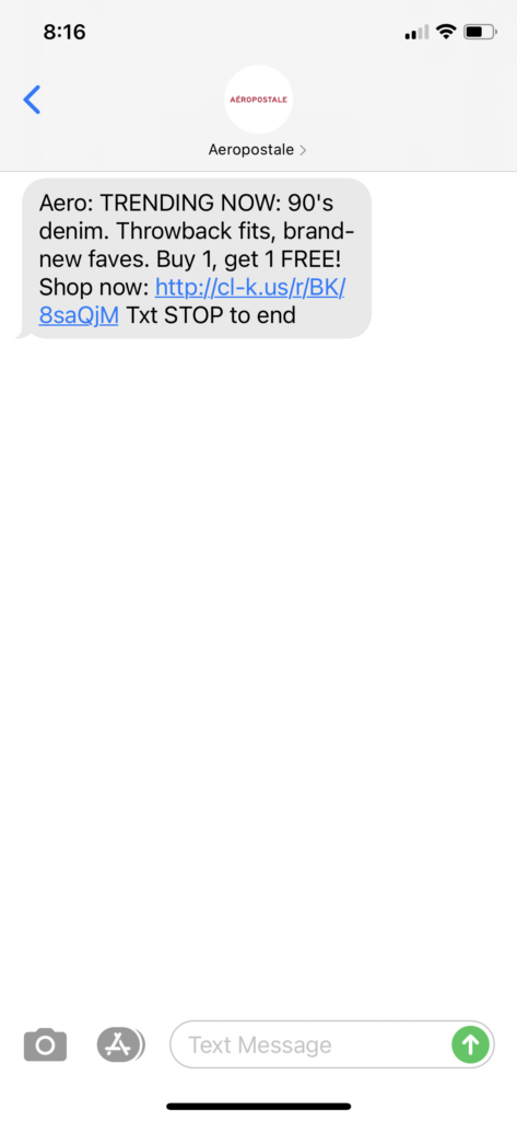 Aeropostale Text Message Marketing Example - 02.22.2021