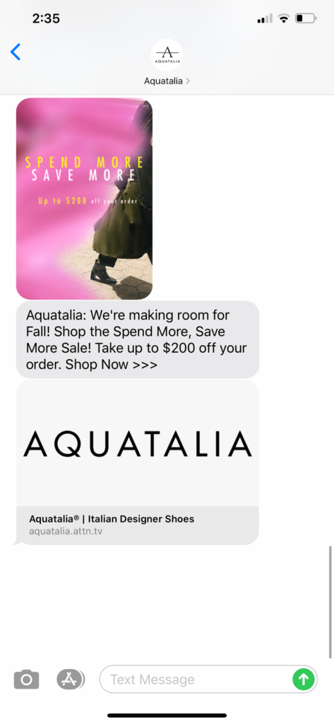 Aquitalia Text Message Marketing Example - 08.23.2020