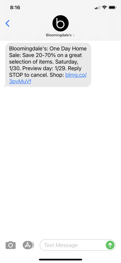 Bloomingdale's Text Message Marketing Example - 01.29.2021