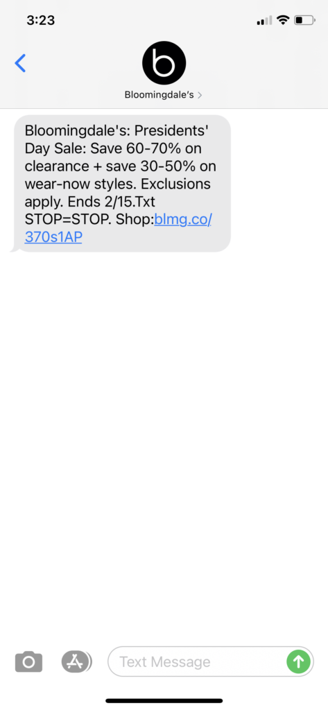Bloomingdale's Text Message Marketing Example - 02.10.2021