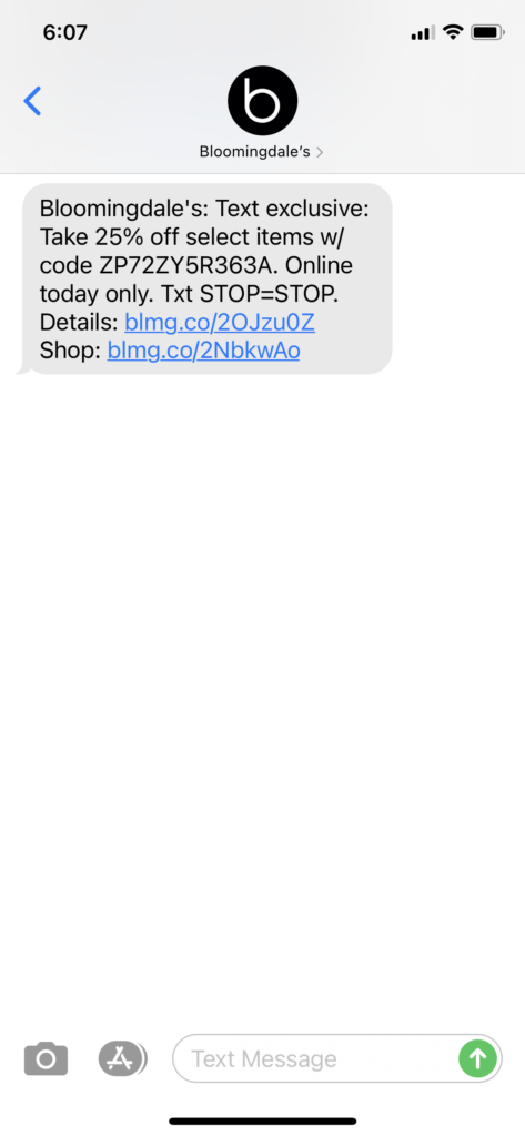 Bloomingdale's Text Message Marketing Example - 02.17.2021