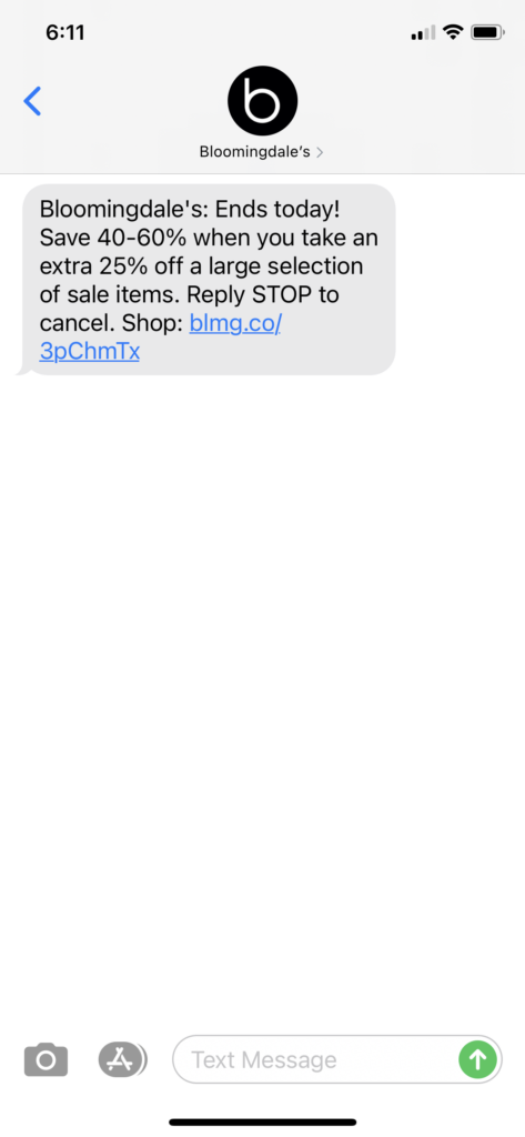 Bloomingdale's Text Message Marketing Example - 02.21.2021
