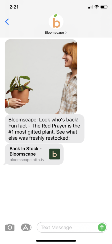Bloomscape Text Message Marketing Example - 02.04.2021