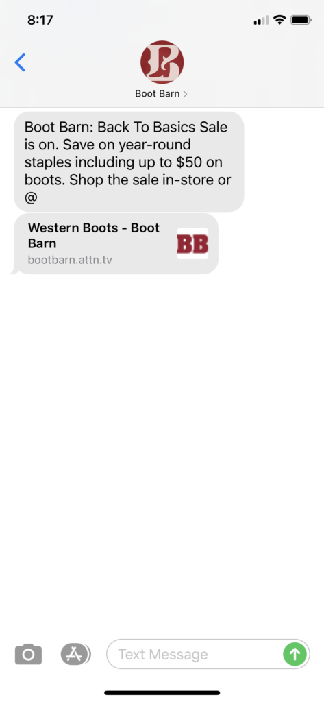 Boot Barn Text Message Marketing Example - 01.29.2021
