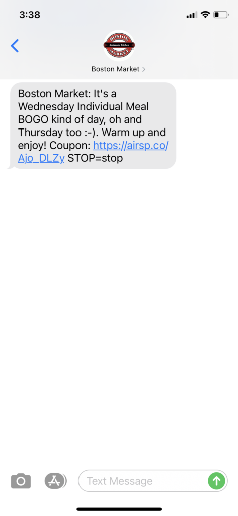 Boston Market Text Message Marketing Example - 02.10.2021