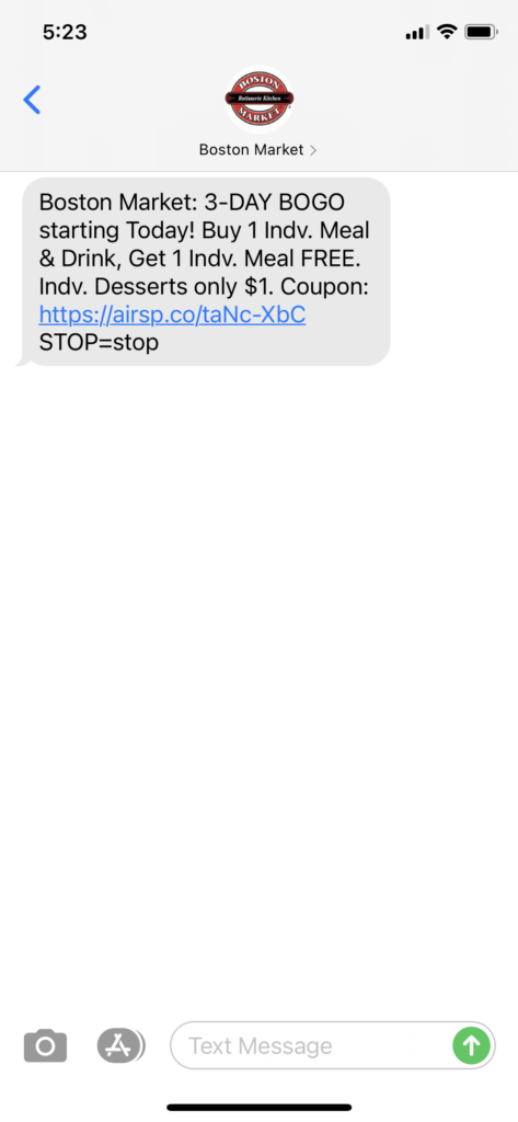 Boston Market Text Message Marketing Example - 02.18.2021