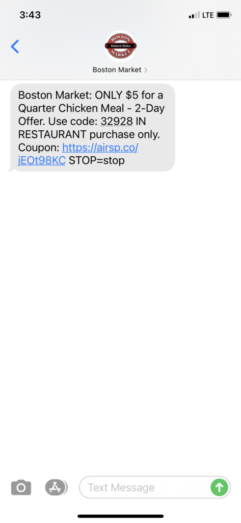 Boston Market Text Message Marketing Example - 02.24.2021