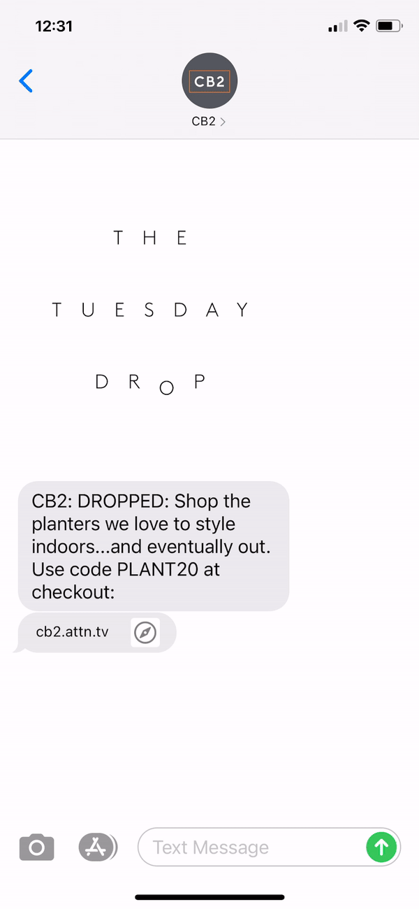 CB2 Text Message Marketing Example - 02.01.2021