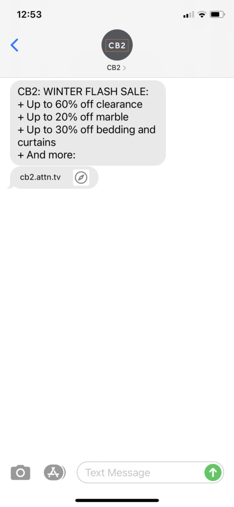 CB2 Text Message Marketing Example - 02.13.2021