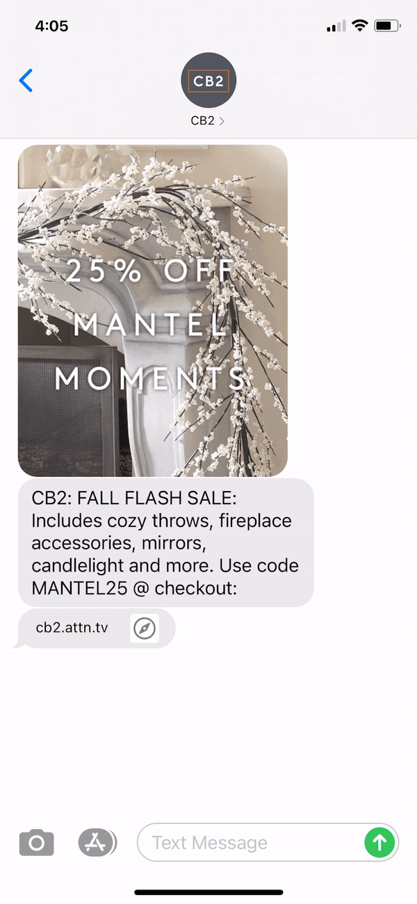 CB2 Text Message Marketing Example - 10.06.2020