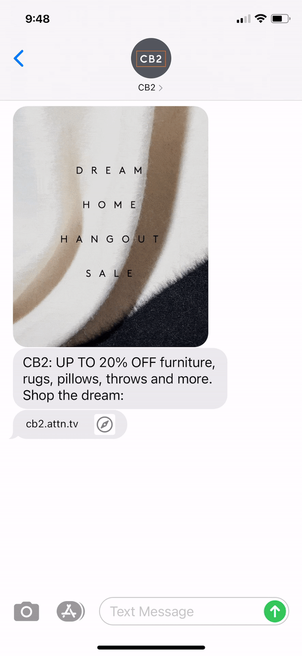 CB2 Text Message Marketing Example - 10.24.2020