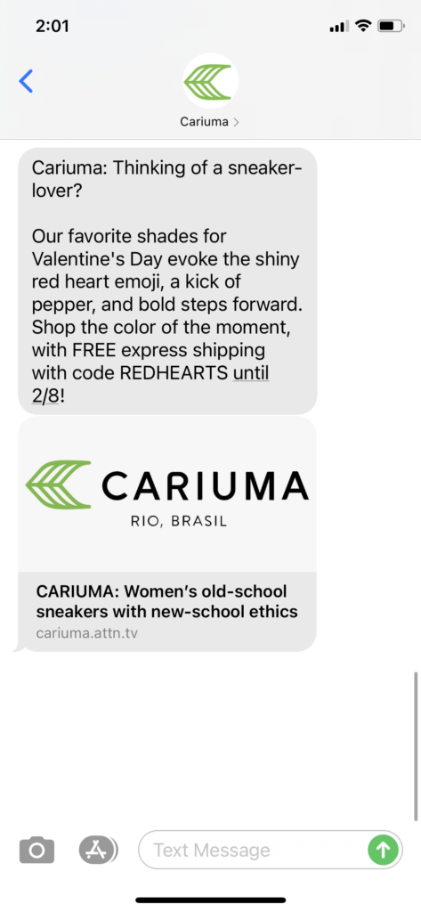 Cariuma Text Message Marketing Example - 02.05.2021